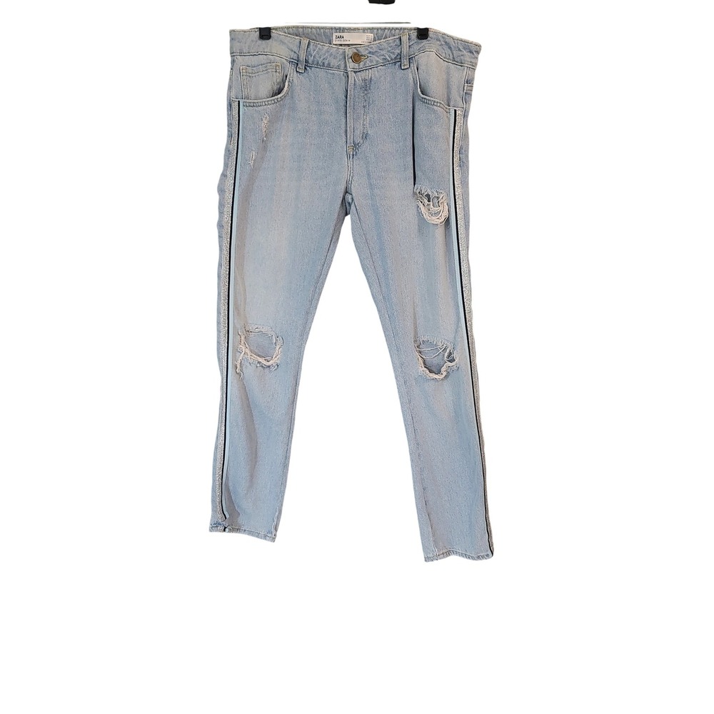 Zara Z1975 Denim Light Wash Distressed‎ Jeans with Side Stripe